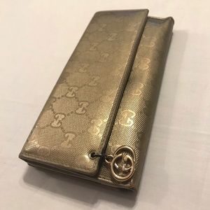 Gucci Wallet Gold Leather w/ Charm GG Logo